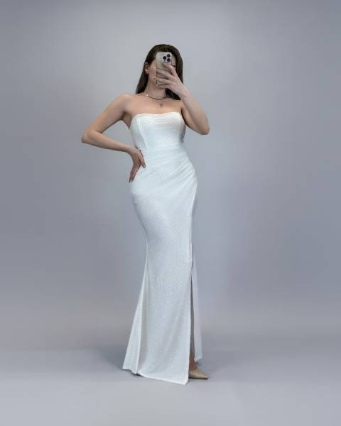 Rhinestone Maxi Dress with Lace-Up Back - White