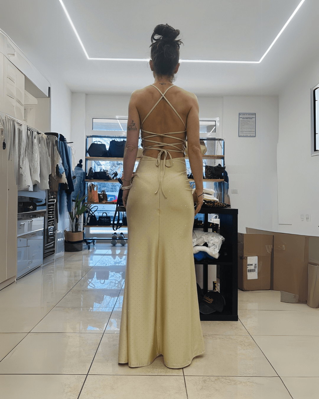 Rhinestone Halter Maxi Dress - Beige