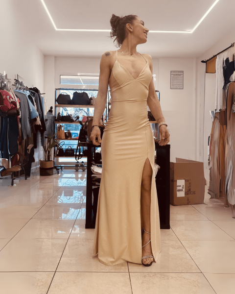 Rhinestone Halter Maxi Dress - Beige