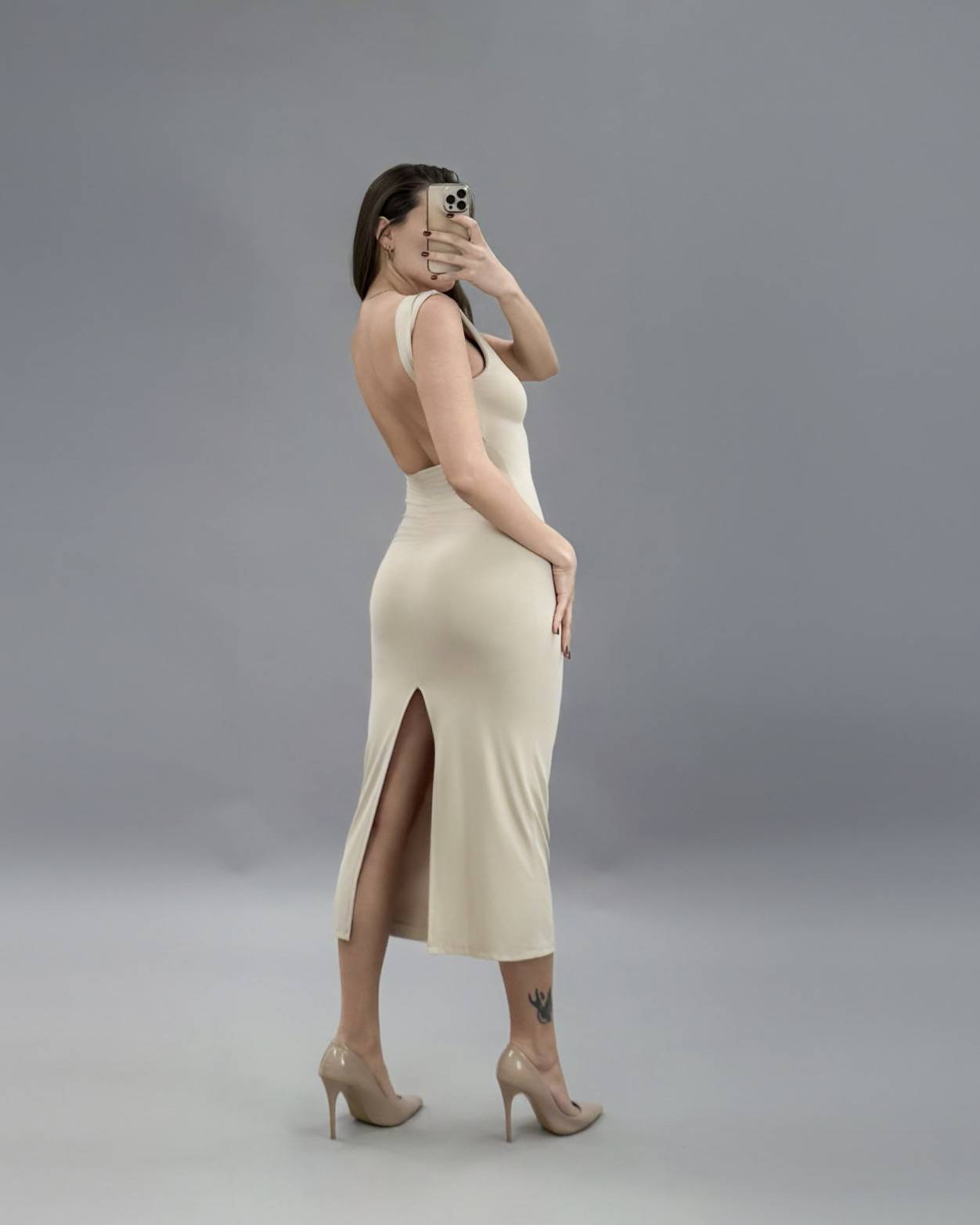 Open Back Long Dress - Beige