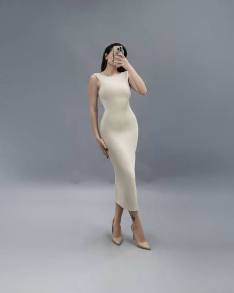 Open Back Long Dress - Beige