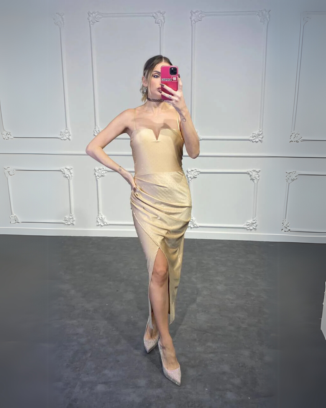 Rhinestones Bandeau Dress - Beige