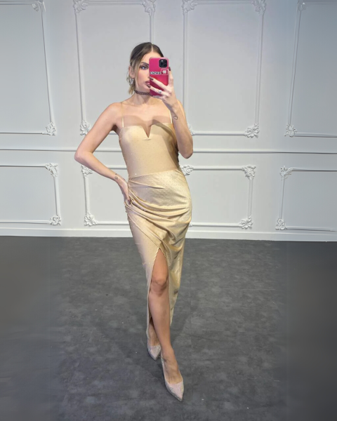 Rhinestones Bandeau Dress - Beige