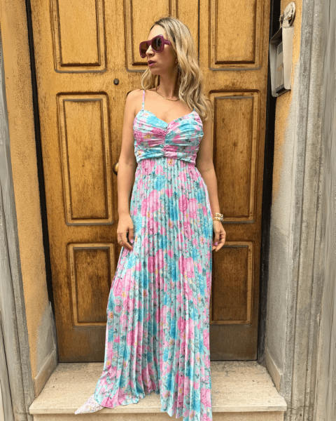 Maxi Floral Print Pleated Dress - Sky Blue