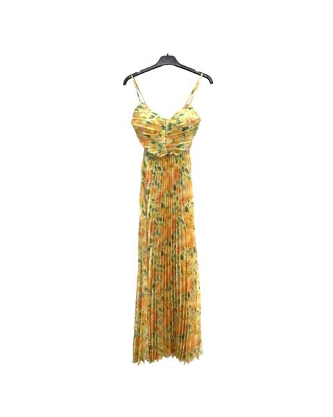 Maxi Floral Print Pleated Dress - Yellow