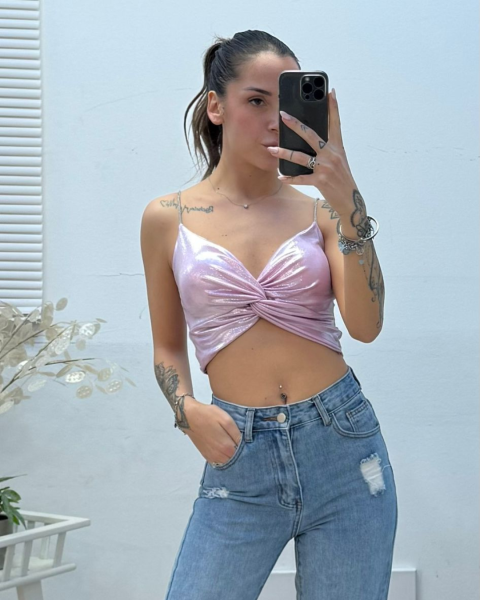 Shimmering Front Knot Crop Top - Pink