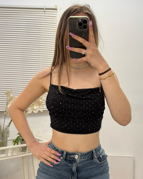 Rhinestone Drape Crop Top - Black