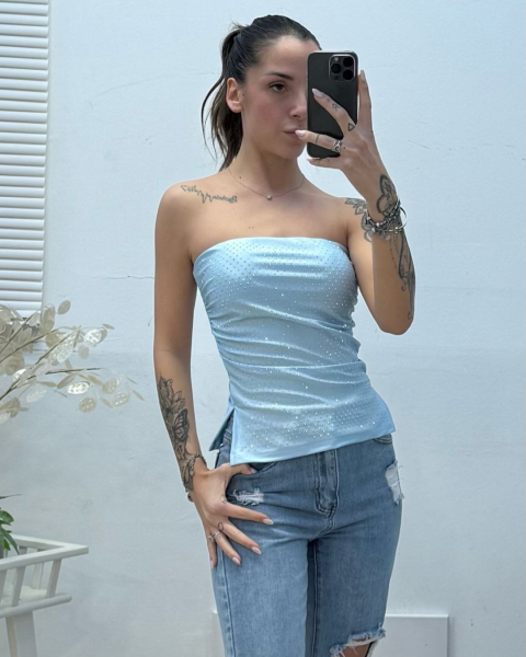 Rhinestone Strapless Corset Top - Sky Blue