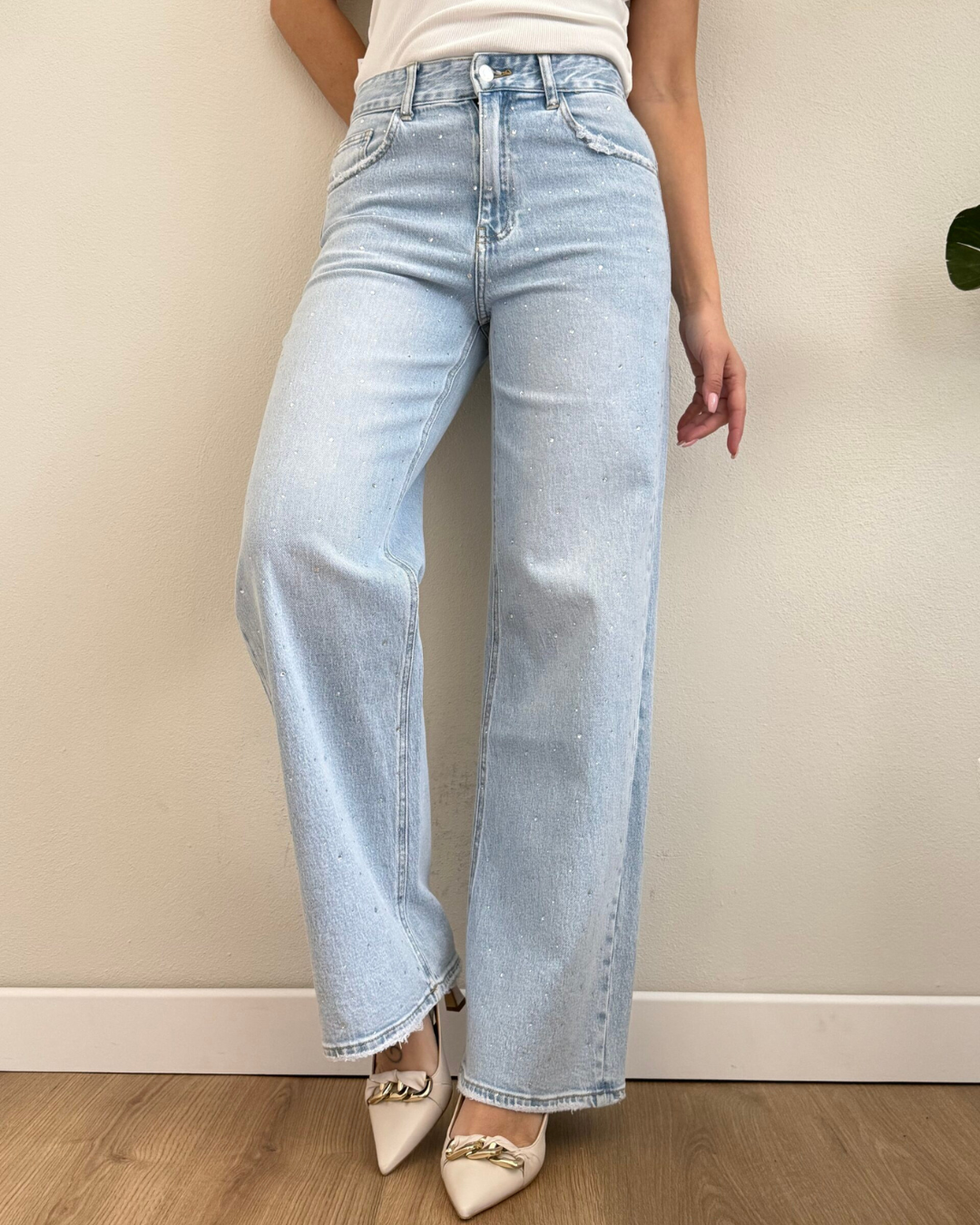 Wide Leg Strass Jeans - Blue