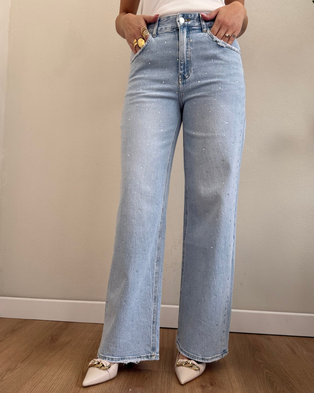 Wide Leg Strass Jeans - Blue