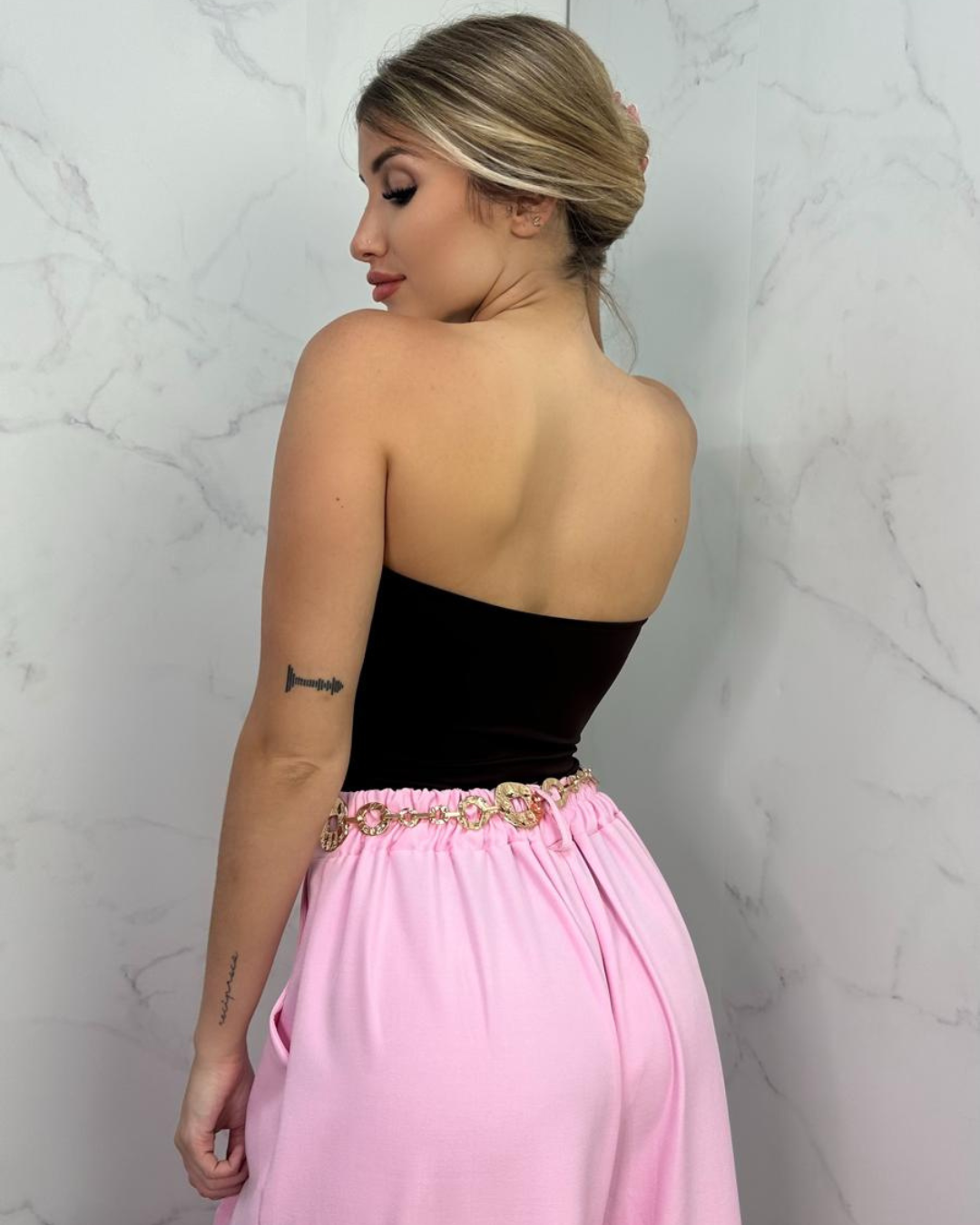 Cutout Strapless Bodysuit with Gold Buckle Detail - Black