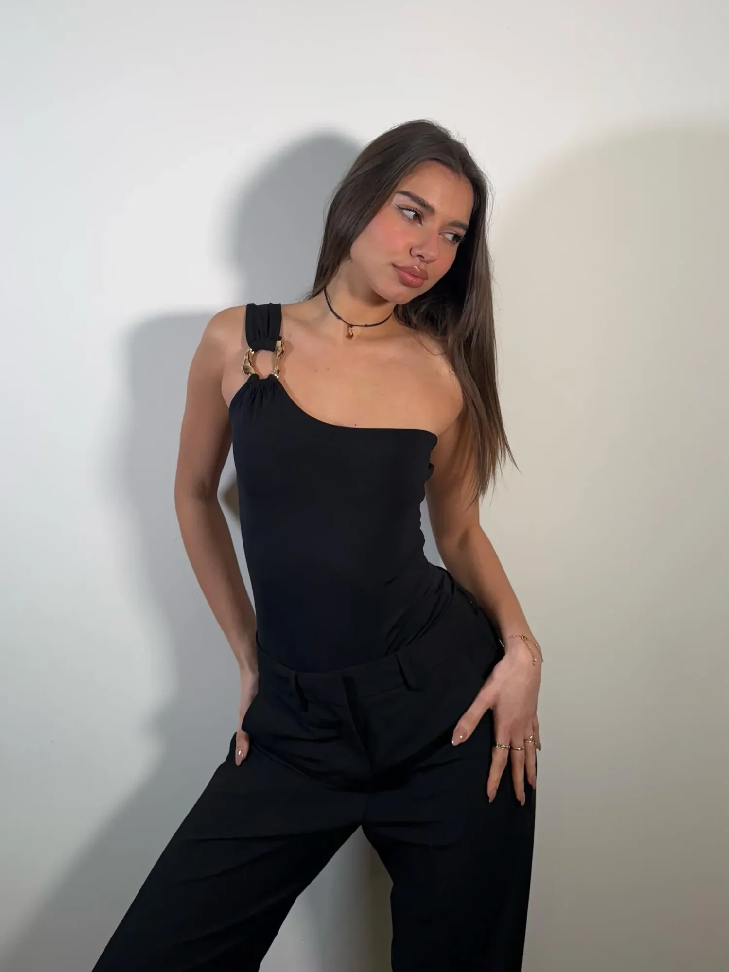 One-Shoulder Bodysuit with Gold Accent - Black