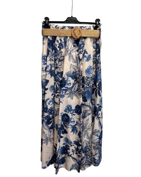 Printed Skirt with Belt - Blue