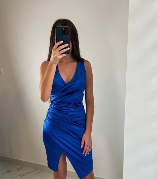 Sleeveless Satin Wrap Dress - Royal Blue