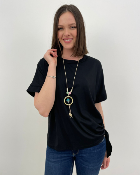 Side Bow T-shirt with Necklace - Black