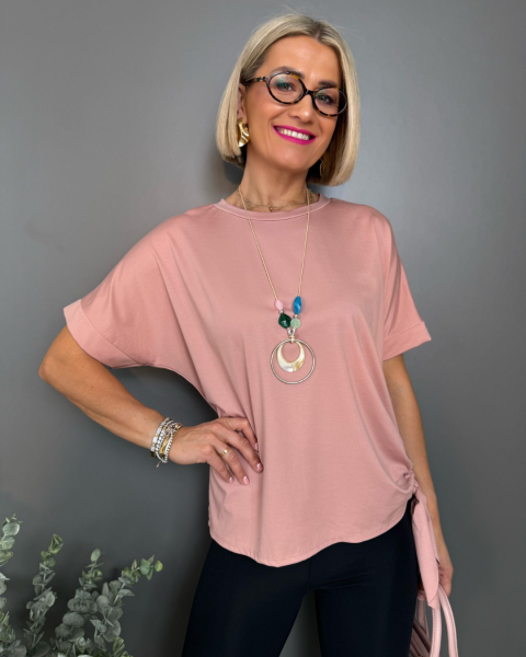 Side Bow T-shirt with Necklace - Pink