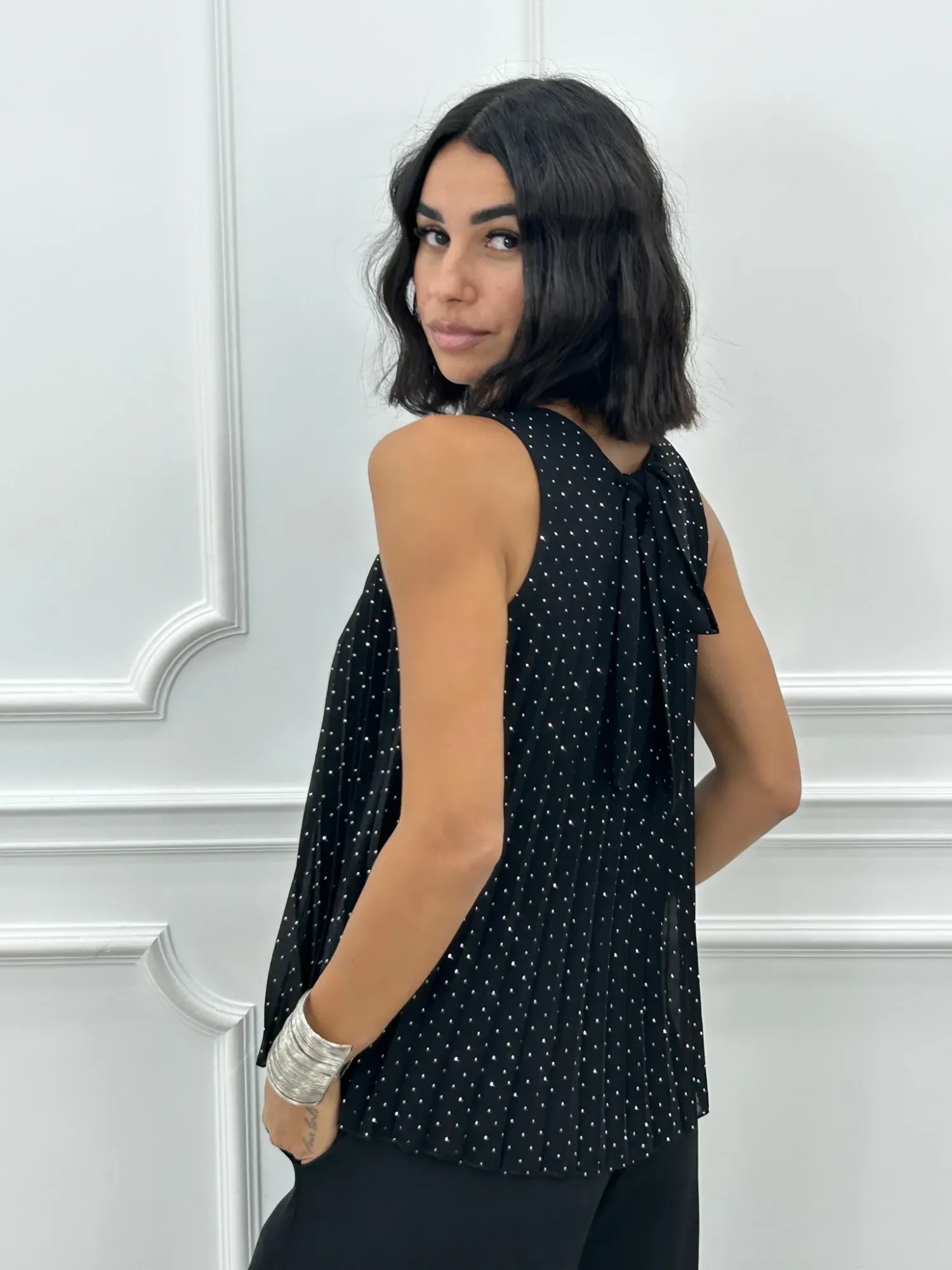 Pleated Rhinestones Top - Black
