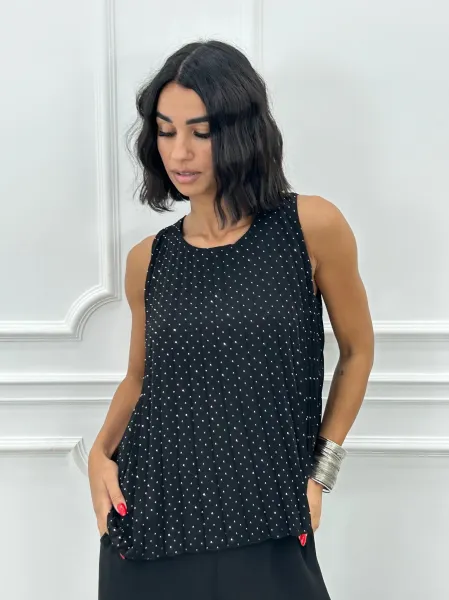 Pleated Rhinestones Top - Black
