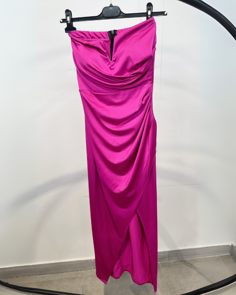 Strapless Midi Dress with High Slit - Fuchsia