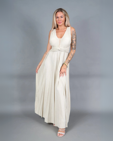 Shiny Pleated Maxi Dress - Beige