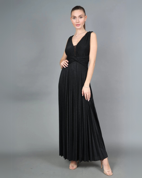Shiny Pleated Maxi Dress - Black