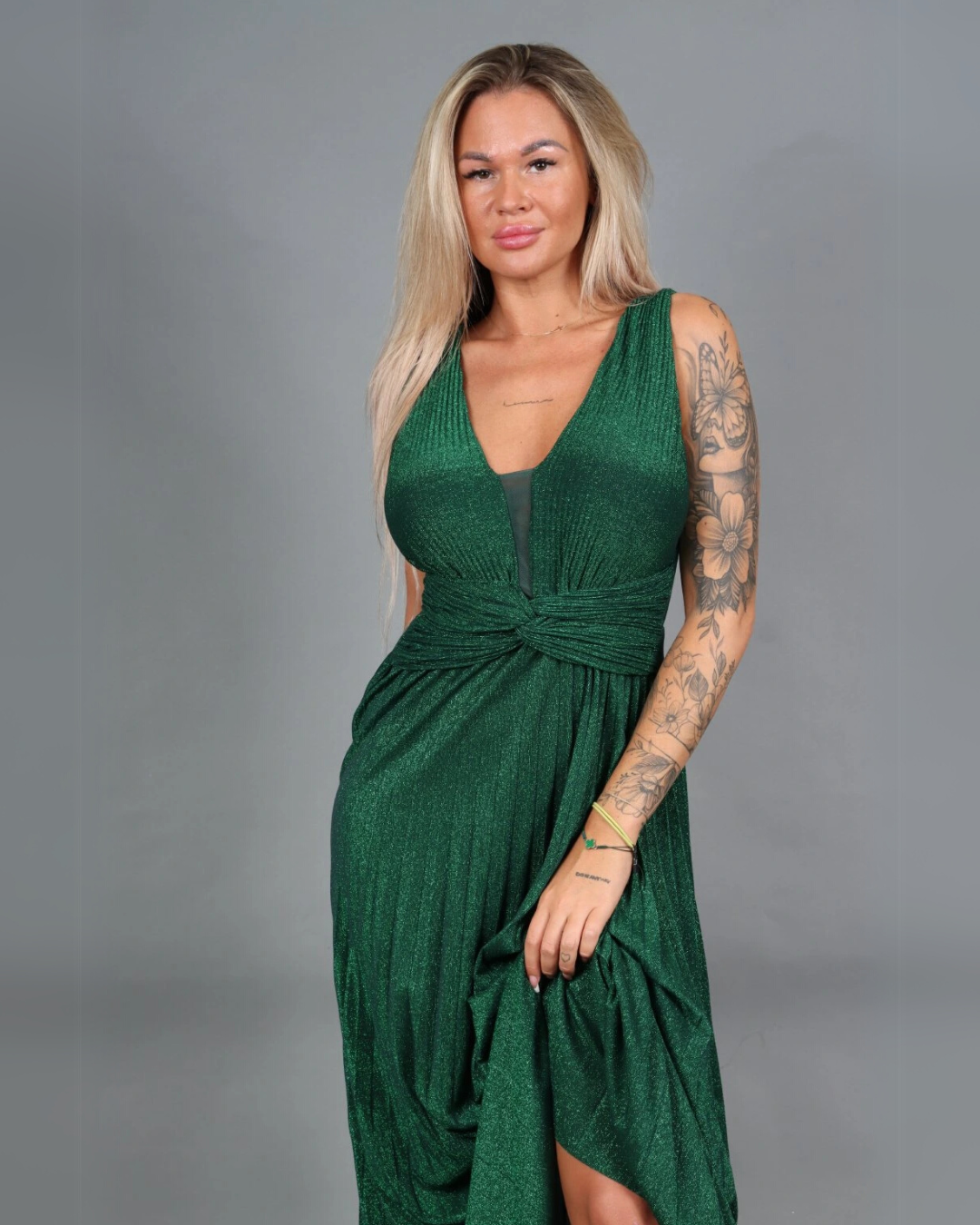 Shiny Pleated Maxi Dress - Green