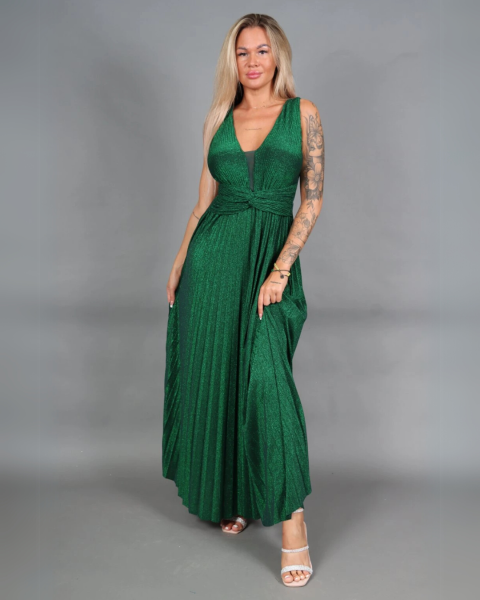 Shiny Pleated Maxi Dress - Green