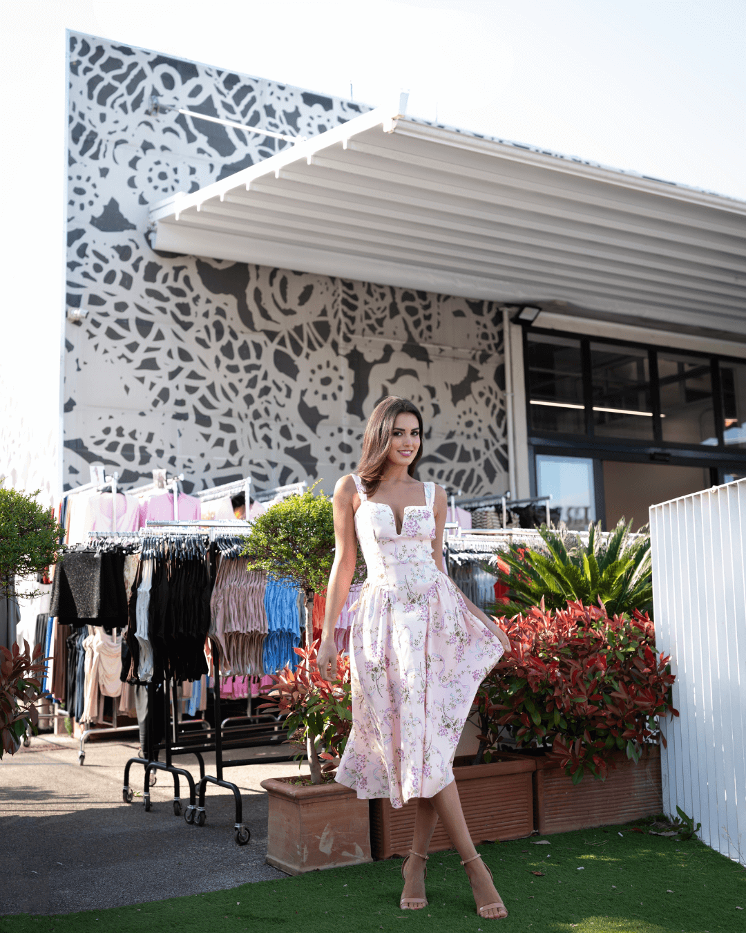 Floral Midi Dress with Deep V-Neck and Back Bow - Pink