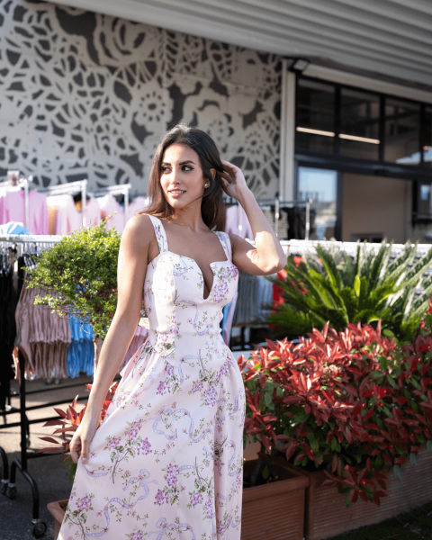 Floral Midi Dress with Deep V-Neck and Back Bow - Pink