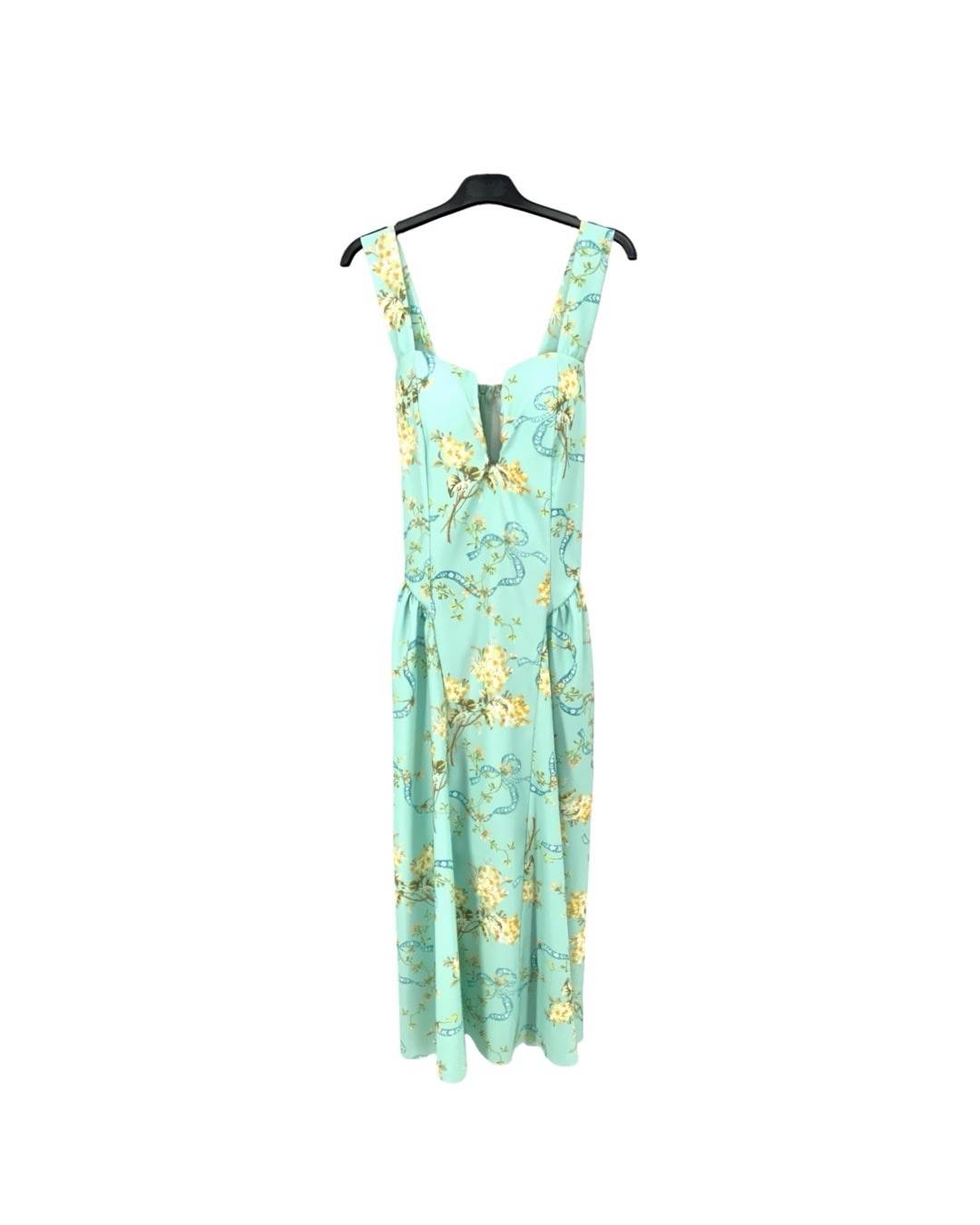 Floral Midi Dress with Deep V-Neck and Back Bow - Turquoise