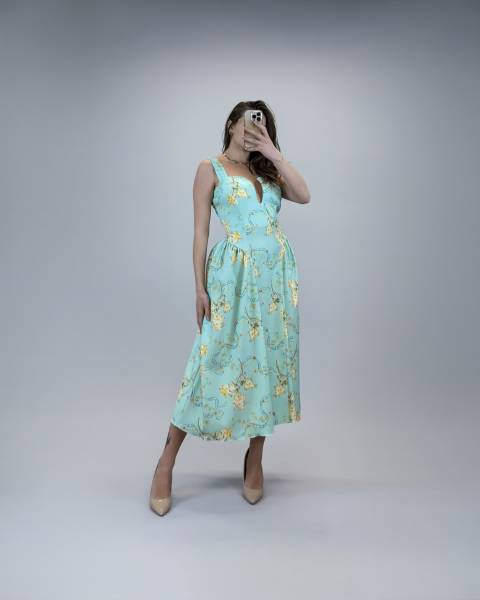 Floral Midi Dress with Deep V-Neck and Back Bow - Turquoise