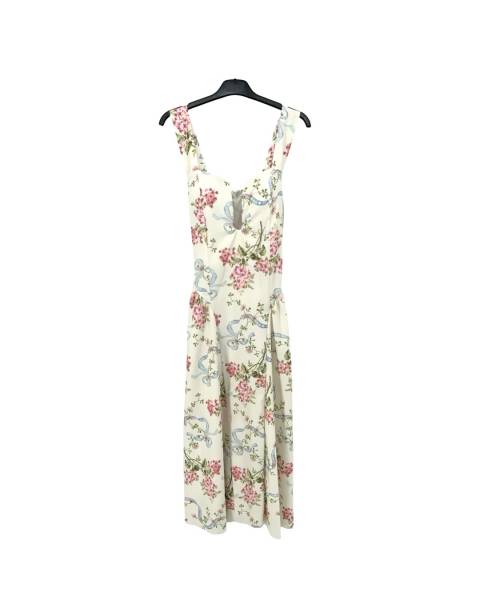 Floral Midi Dress with Deep V-Neck and Back Bow - White