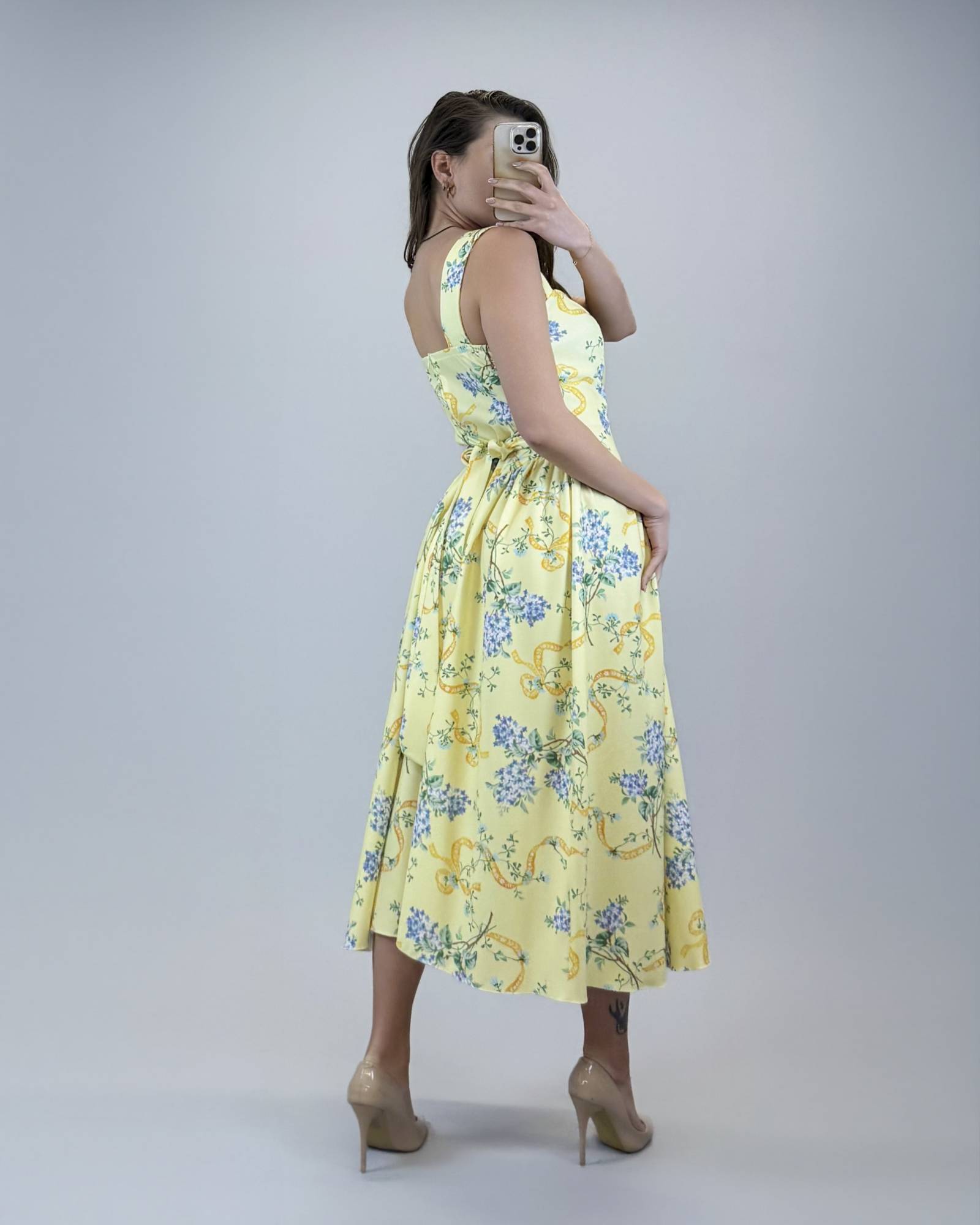 Floral Midi Dress with Deep V-Neck and Back Bow - Yellow