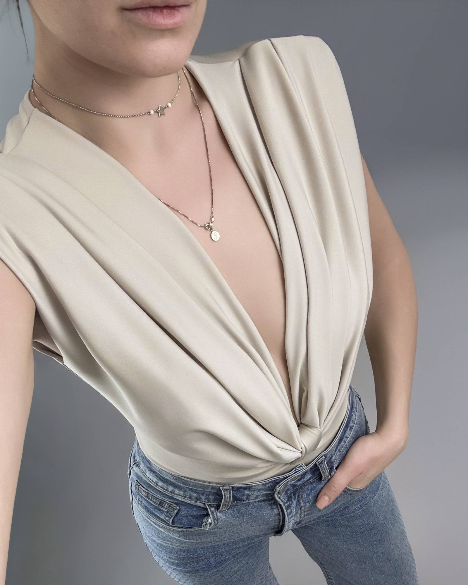 Deep V-Neck Ruched Bodysuit - Beige