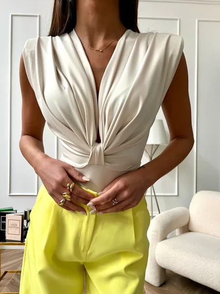 Deep V-Neck Ruched Bodysuit - Beige