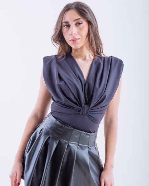 Deep V-Neck Ruched Bodysuit - Black