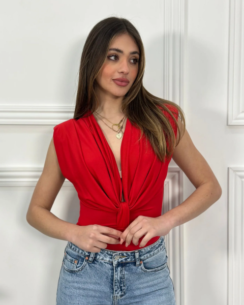Deep V-Neck Ruched Bodysuit - Red
