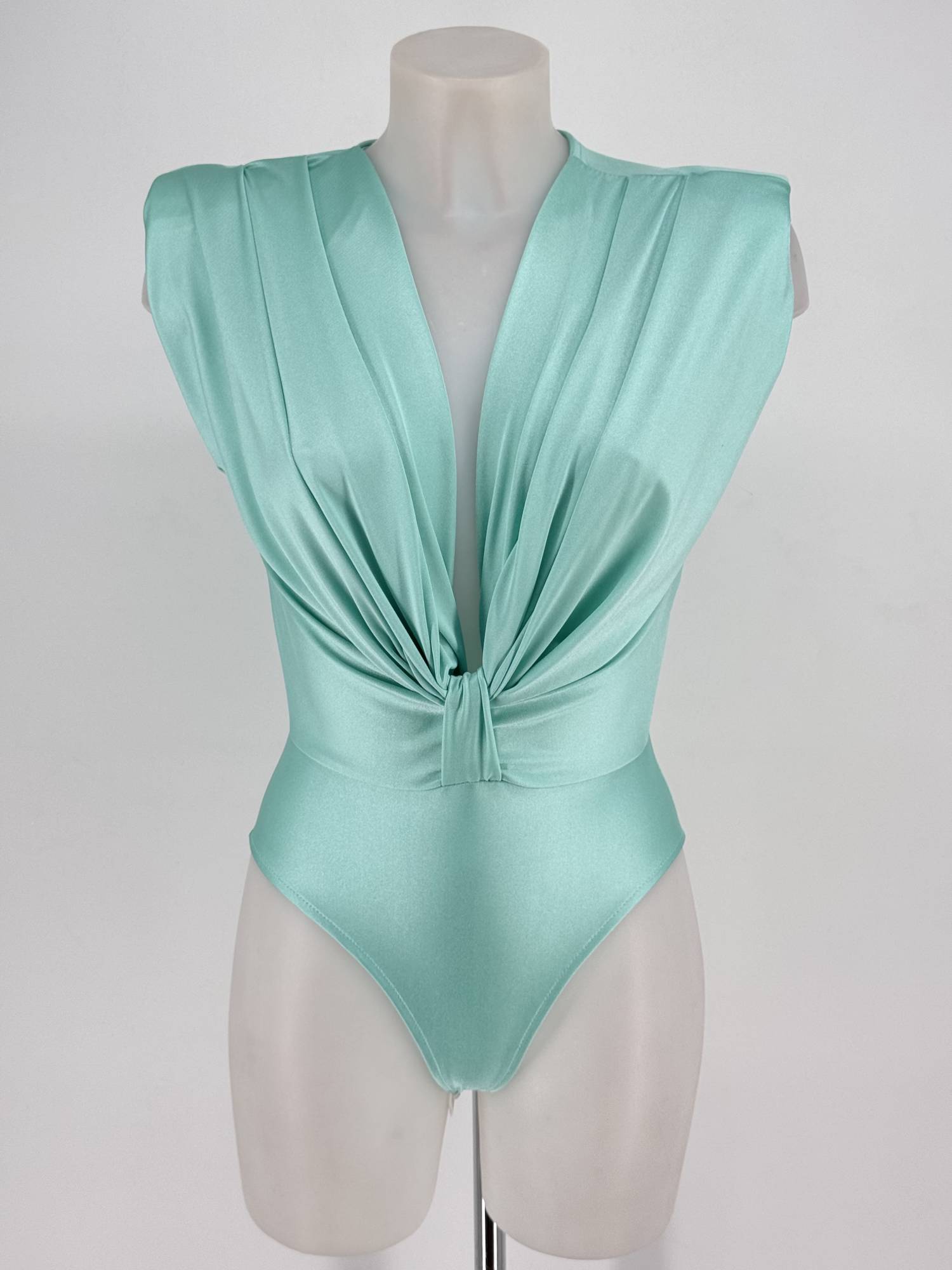 Deep V-Neck Ruched Bodysuit - Turquoise