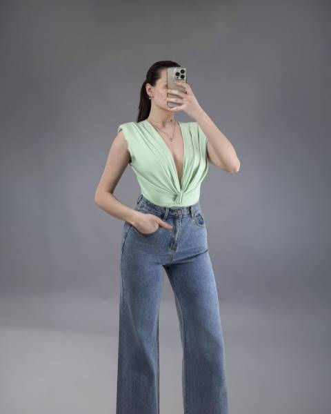 Deep V-Neck Ruched Bodysuit - Turquoise