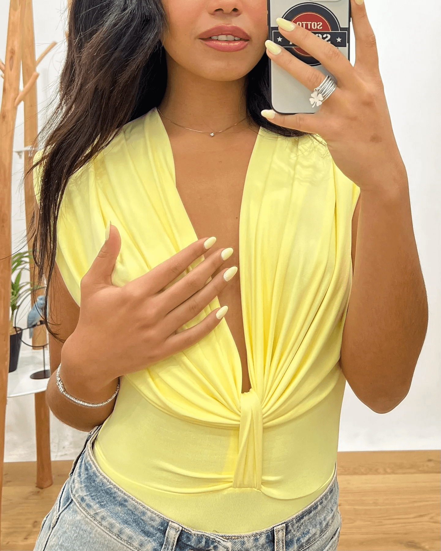 Deep V-Neck Ruched Bodysuit - Yellow