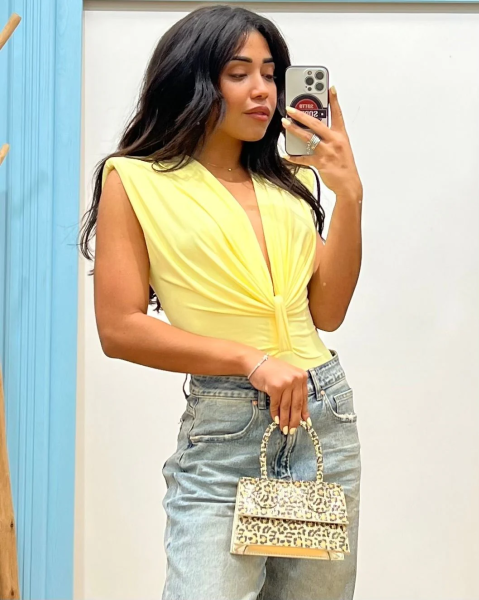 Deep V-Neck Ruched Bodysuit - Yellow
