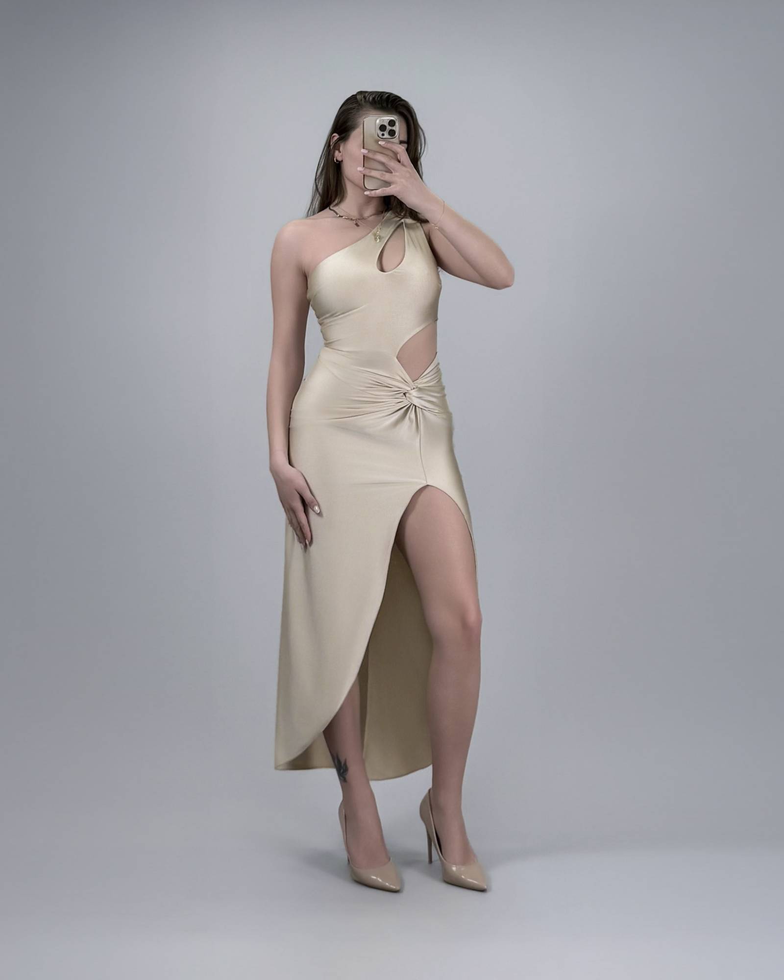 Asymmetrical Cutout Ruched Midi Dress - Beige