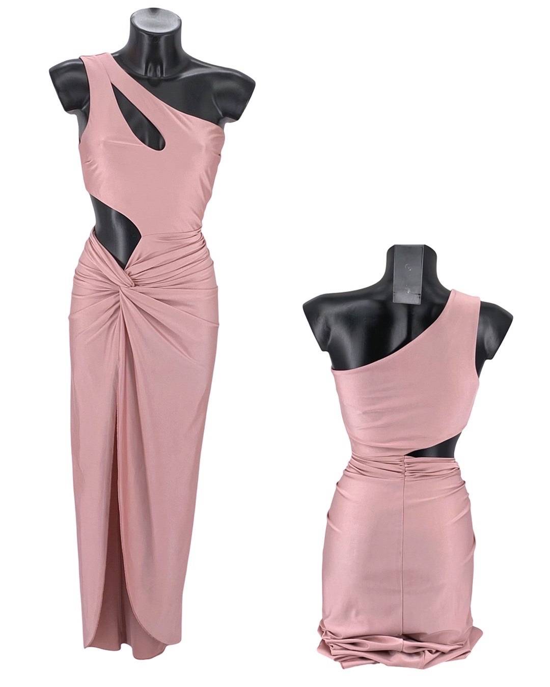 Asymmetrical Cutout Ruched Midi Dress - Pink