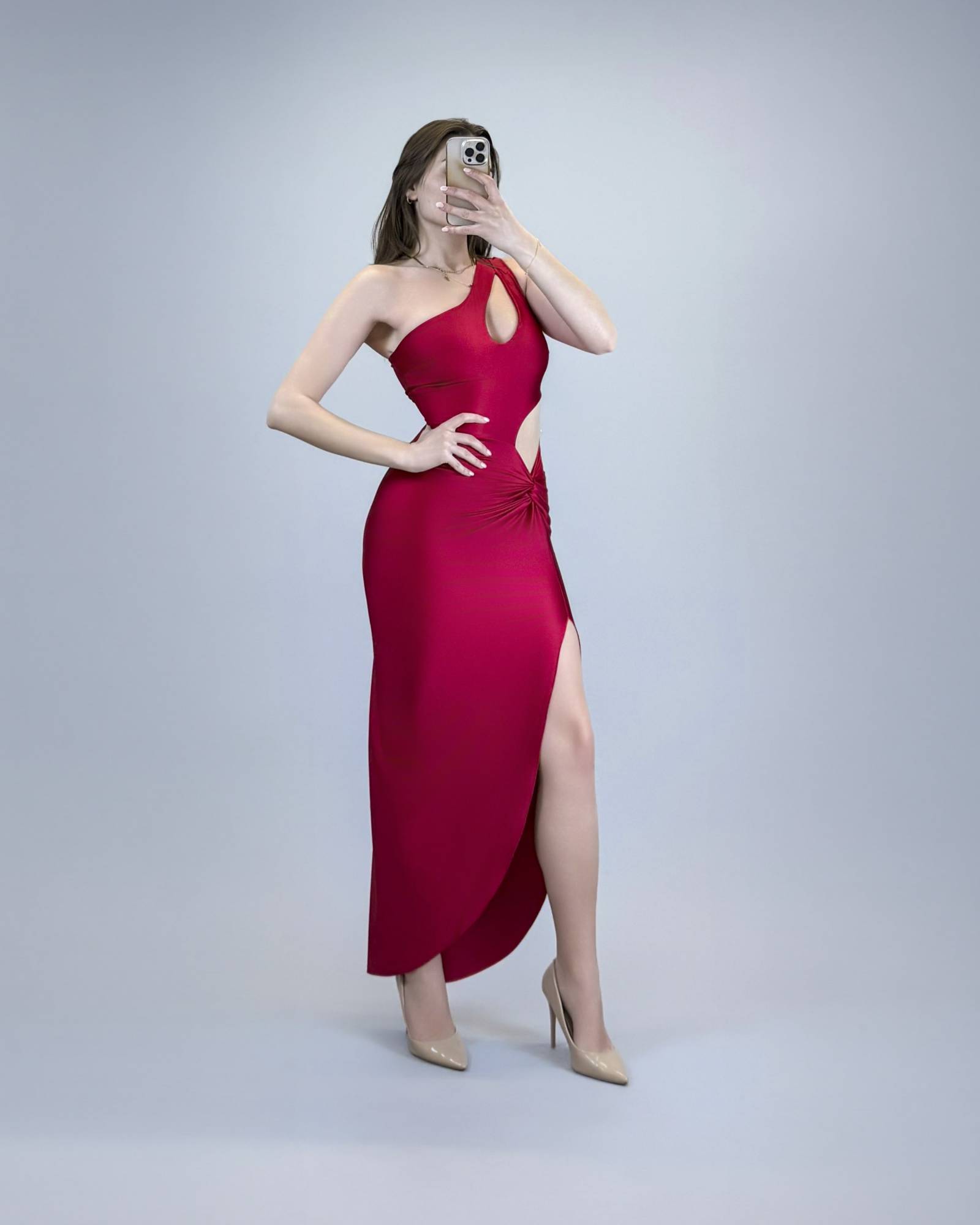 Asymmetrical Cutout Ruched Midi Dress - Red