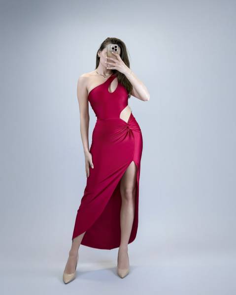 Asymmetrical Cutout Ruched Midi Dress - Red