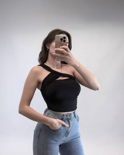 One Shoulder Twist Crop Top - Black