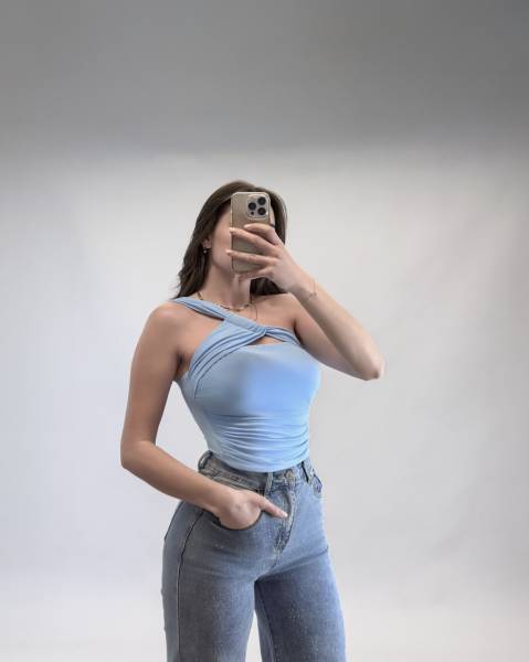 One Shoulder Twist Crop Top - Sky Blue