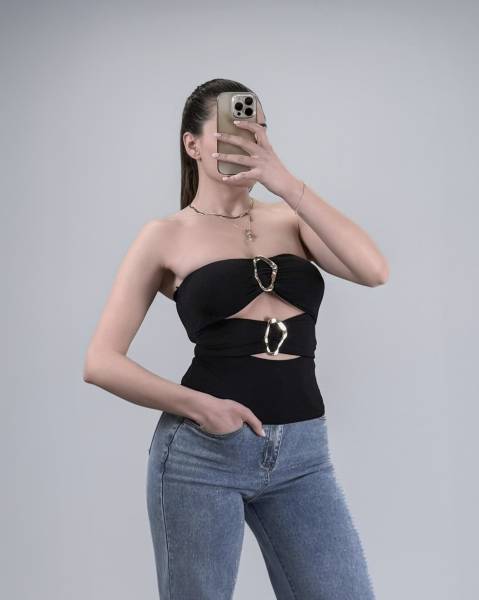 Strapless Cut-Out Top with Gold Accents - Black