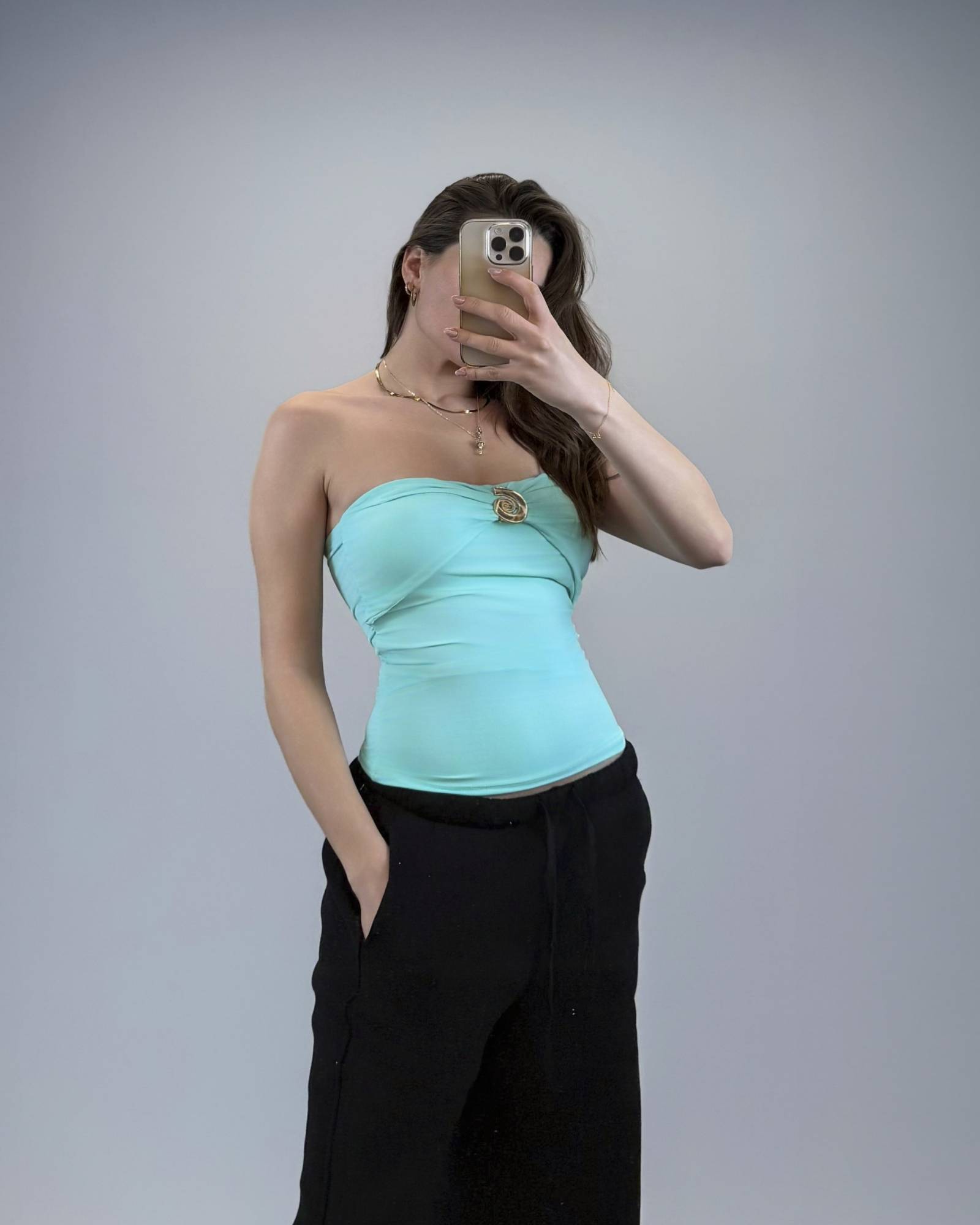 Strapless Ruched Top with Gold Spiral Accent - Mint