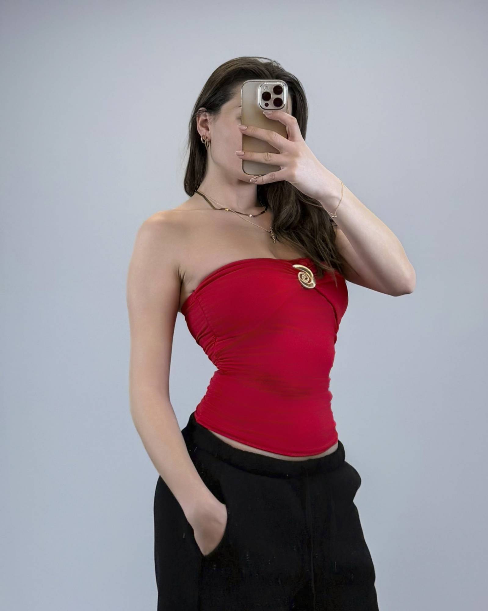Strapless Ruched Top with Gold Spiral Accent - Red
